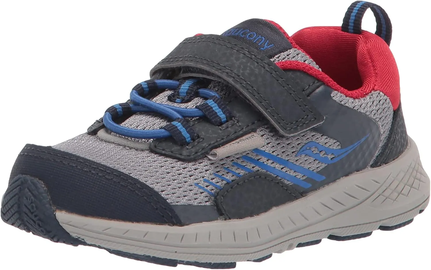 Saucony Wind Shield Alternative Closure Jr. Running Shoe, Navy/Grey/Red, 4 US Unisex Little Kid