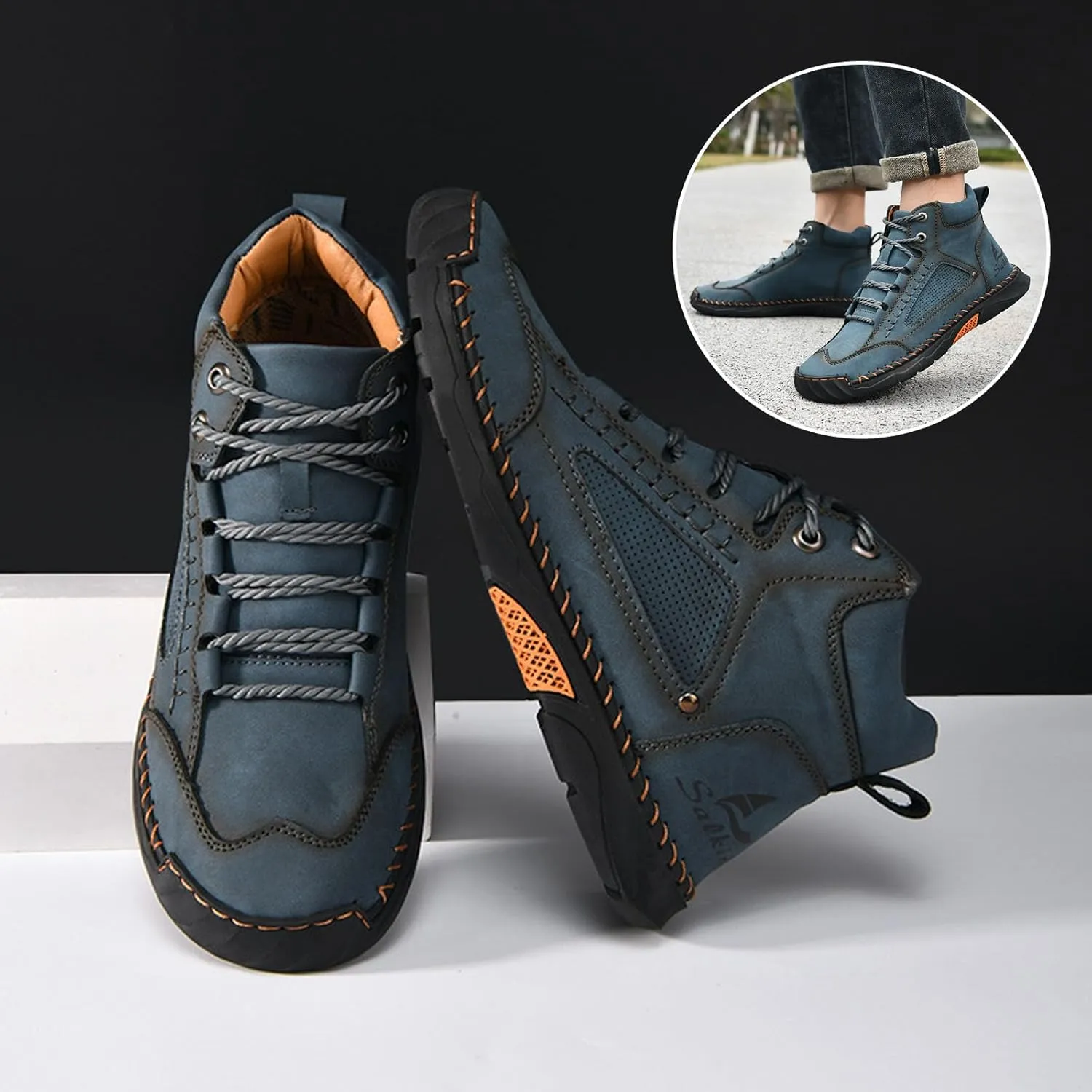 Sawbehind, Sawbehind Men's Comfortable Handmade Leather Boots, Arch Support Flat Sole Waterproof Everyday Wear