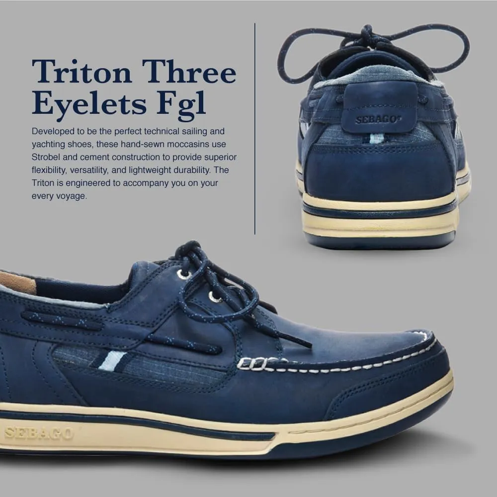 Sebago Triton Three Eyelets FGL Boat Shoes - Waxed Leather Moccasins with Breathable Mesh Lining, Comfy EVA Insole, and Strobel-Attached Rubber Outsole
