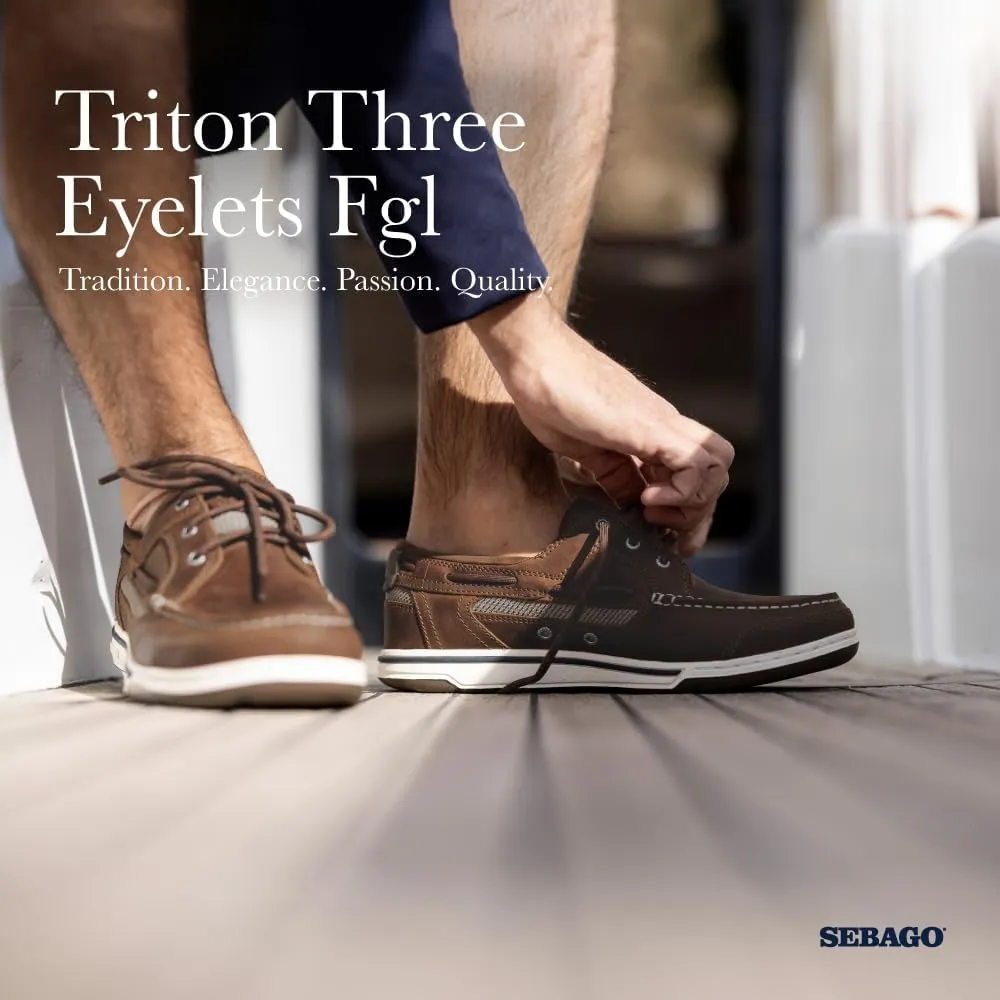 Sebago Triton Three Eyelets FGL Boat Shoes - Waxed Leather Moccasins with Breathable Mesh Lining, Comfy EVA Insole, and Strobel-Attached Rubber Outsole