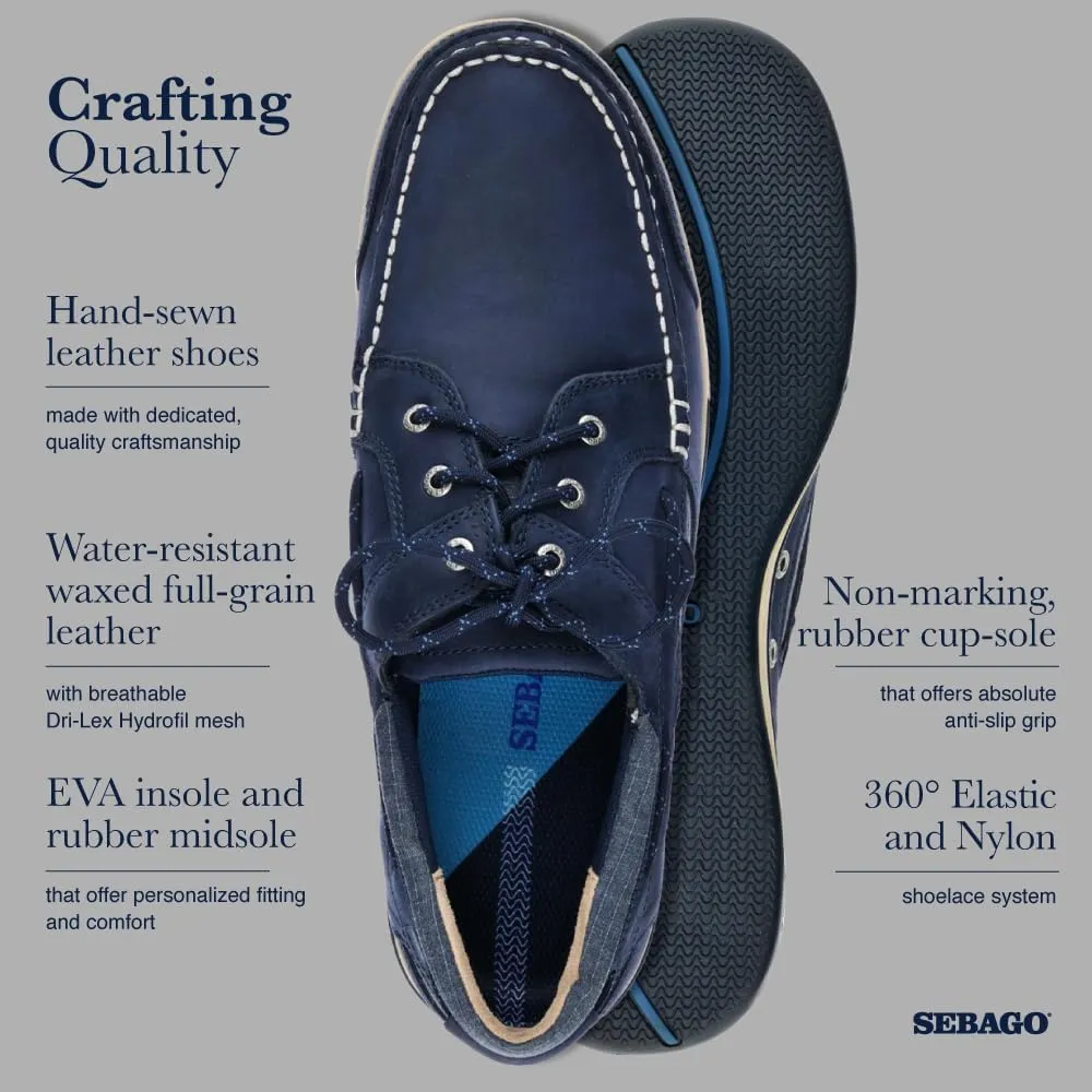 Sebago Triton Three Eyelets FGL Boat Shoes - Waxed Leather Moccasins with Breathable Mesh Lining, Comfy EVA Insole, and Strobel-Attached Rubber Outsole