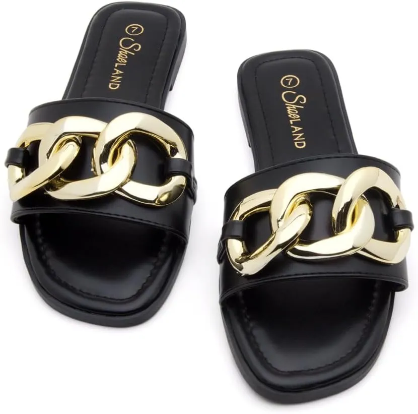 Shoe Land Women's Flat Sandals - Square Open Toe Single Band Fashion Slides with Metal Chain Dressy 2025 Trendy | Comfortable Slippers with Cushioned Footbed for Summer
