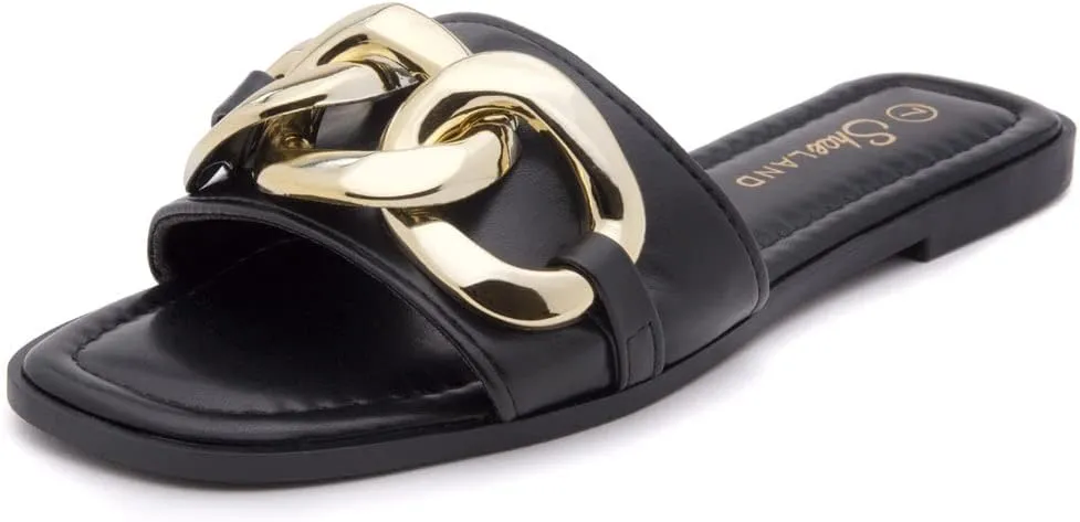 Shoe Land Women's Flat Sandals - Square Open Toe Single Band Fashion Slides with Metal Chain Dressy 2025 Trendy | Comfortable Slippers with Cushioned Footbed for Summer