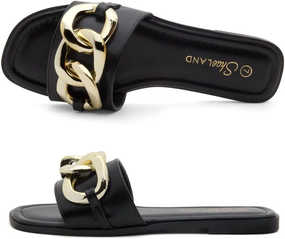 Shoe Land Women's Flat Sandals - Square Open Toe Single Band Fashion Slides with Metal Chain Dressy 2025 Trendy | Comfortable Slippers with Cushioned Footbed for Summer