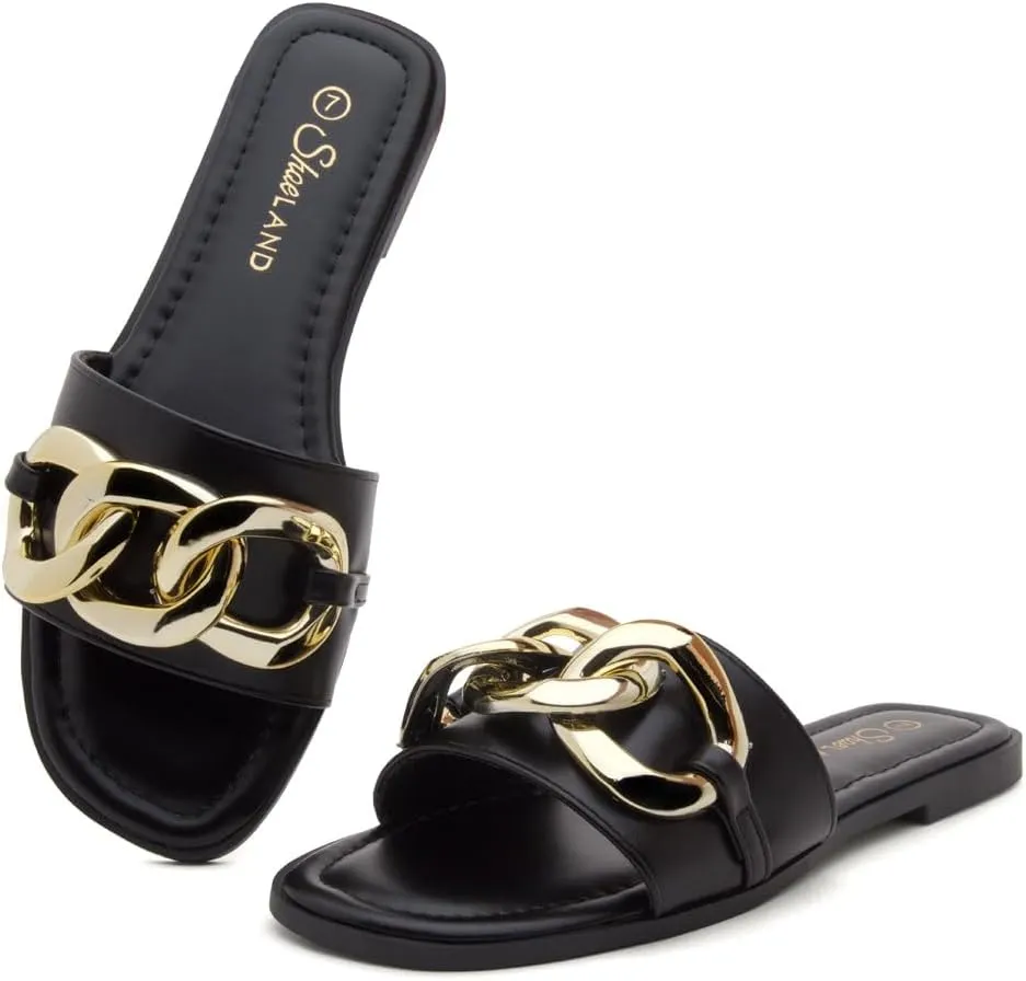 Shoe Land Women's Flat Sandals - Square Open Toe Single Band Fashion Slides with Metal Chain Dressy 2025 Trendy | Comfortable Slippers with Cushioned Footbed for Summer