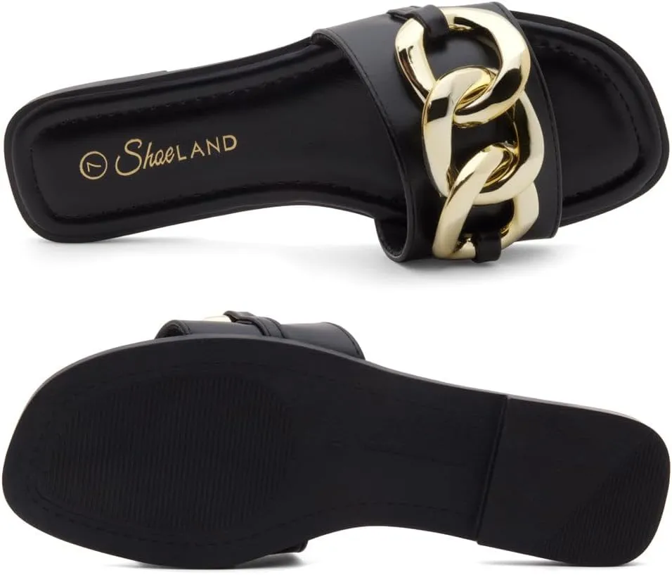 Shoe Land Women's Flat Sandals - Square Open Toe Single Band Fashion Slides with Metal Chain Dressy 2025 Trendy | Comfortable Slippers with Cushioned Footbed for Summer
