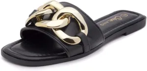Shoe Land Women's Flat Sandals - Square Open Toe Single Band Fashion Slides with Metal Chain Dressy 2025 Trendy | Comfortable Slippers with Cushioned Footbed for Summer