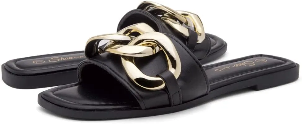 Shoe Land Women's Flat Sandals - Square Open Toe Single Band Fashion Slides with Metal Chain Dressy 2025 Trendy | Comfortable Slippers with Cushioned Footbed for Summer