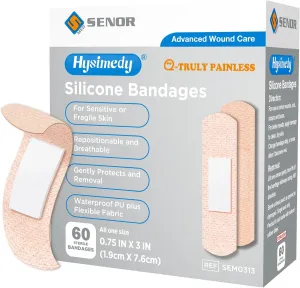 Silicone Bandages Small Size for Sensitive Fragile Skin - 3/4" x 3" 60 Counts - Latex Free Non Allergenic Hypoallergenic Painless Removal Flexible Fabric Bandages Adhesive Allergy Free