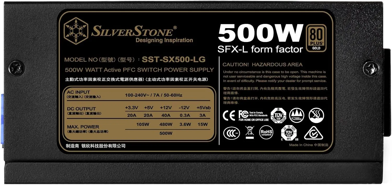 SilverStone Technology SX500W SFX-L Form Factor 80 Plus Gold Full Modular Lengthened Power Supply with  12V Single Rail, Active PFC (SX500-LG)