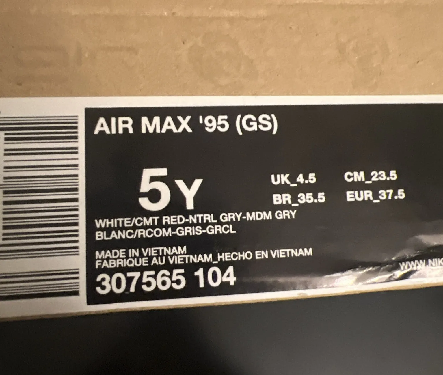 Size 5Y-Nike Air Max 95 (GS) - White Cement Red- 307565-104