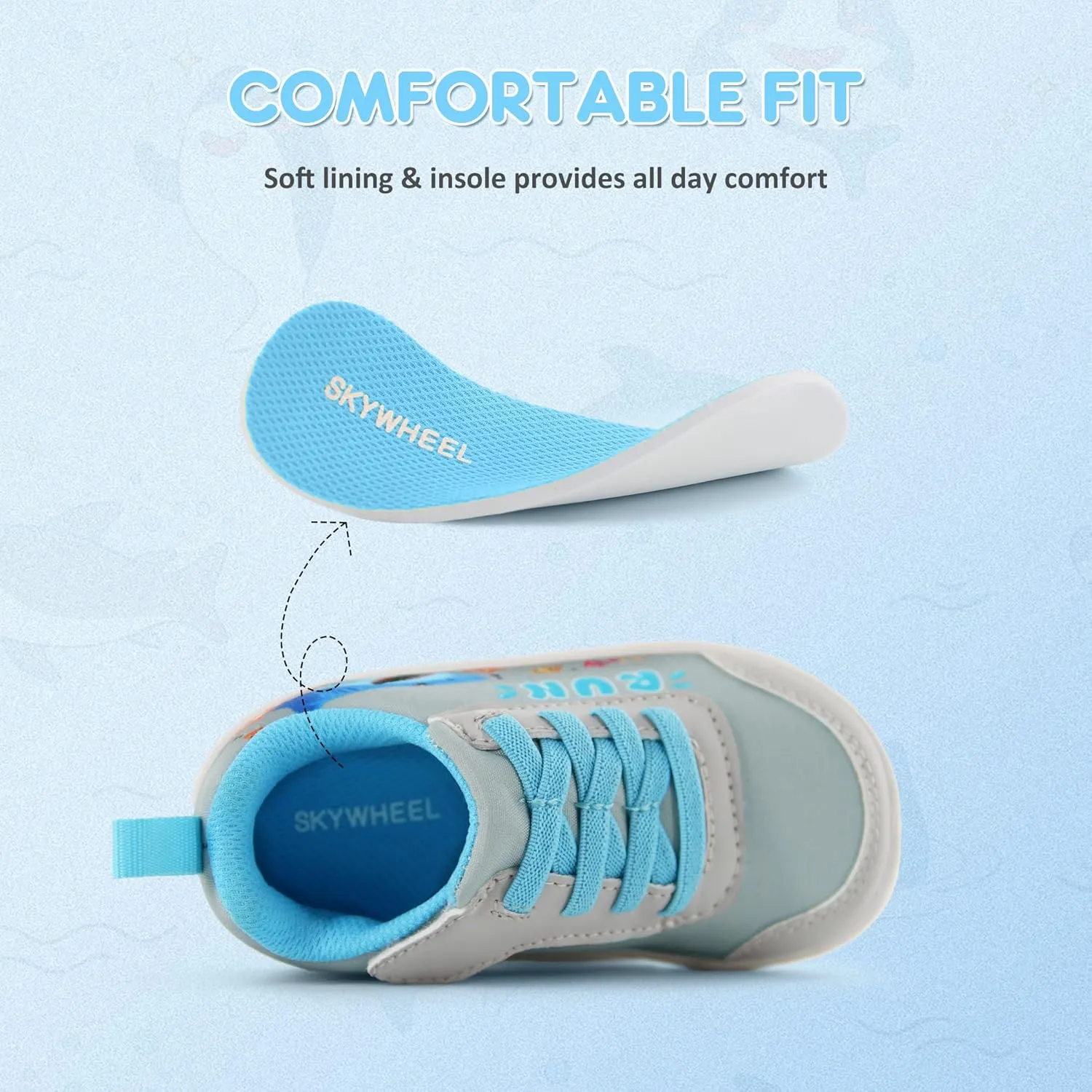 SKYWHEEL Toddler Girls Boys Tennis Shoes Wide Toe Box Barefoot Cartoon Walking Running Sneakers Breathable Slip On Lightweight Shoes for Little Kids