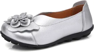 Slip on Loafers for Women Leather Flowers Loafers Comfortable Walking Work Flats Shoes Lightweight Soft Sole Flat Shoes Round Toe Summer Shoe