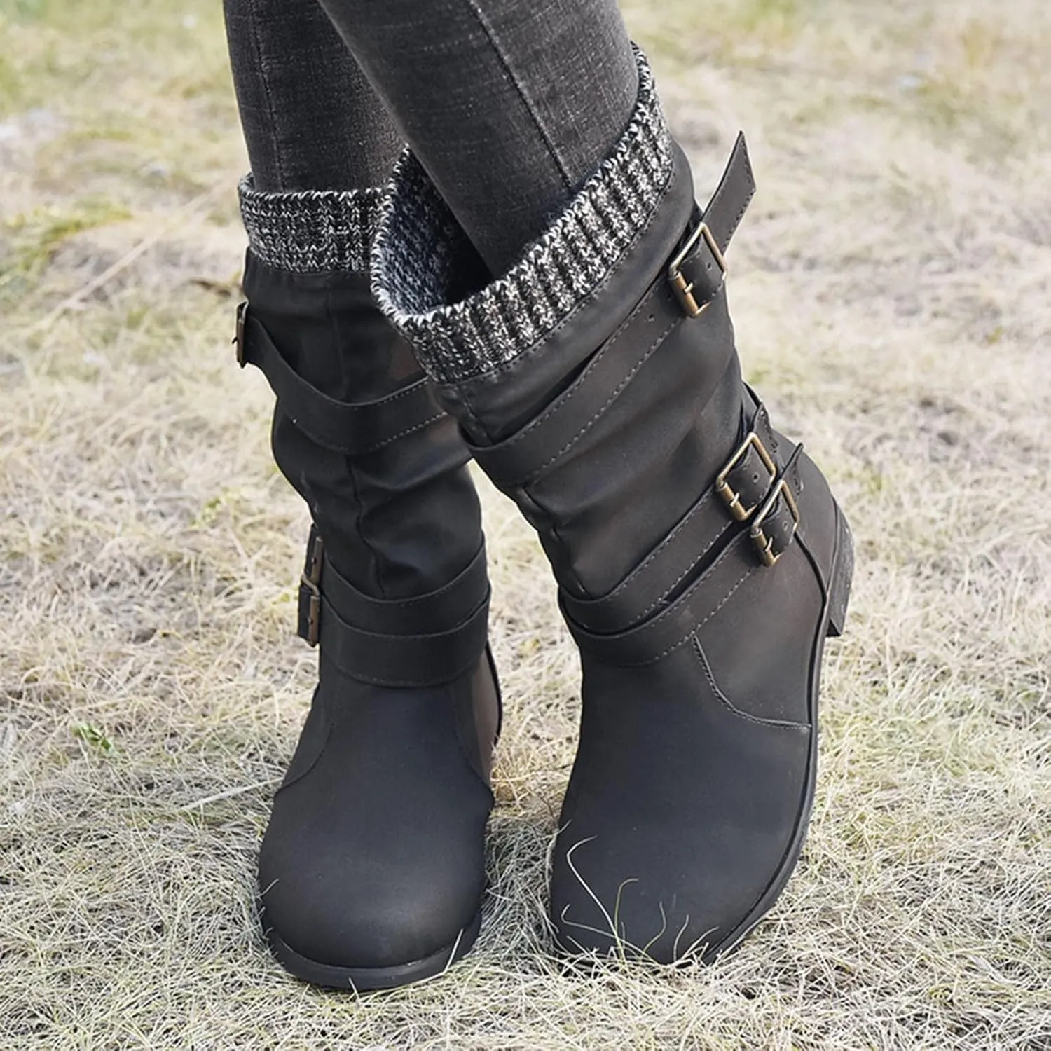 Snow Boots for Women Mid Calf Boots for Women Fall Winter New Women's Boots Mid Calf Raw Edge Women's Leather Boots