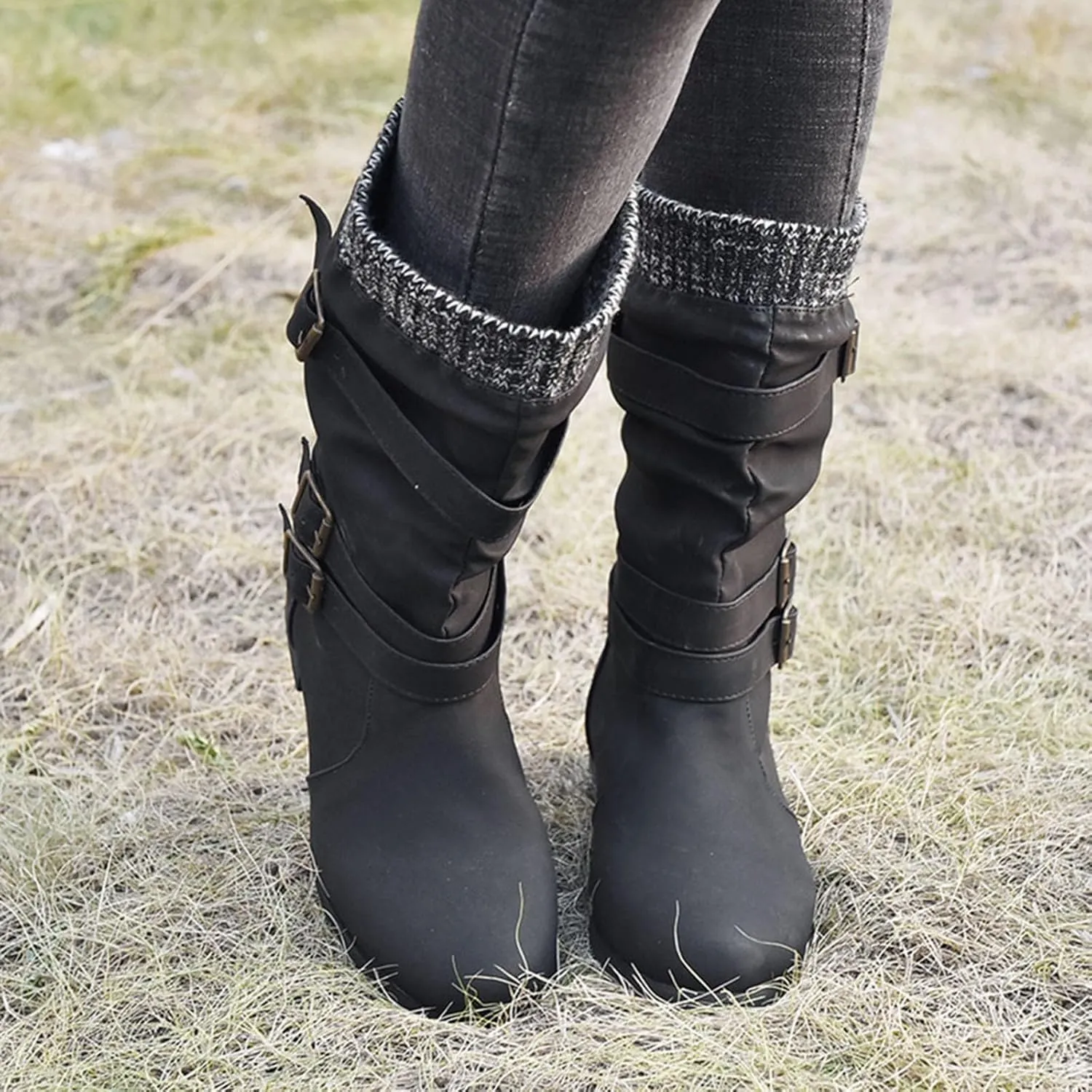 Snow Boots for Women Mid Calf Boots for Women Fall Winter New Women's Boots Mid Calf Raw Edge Women's Leather Boots