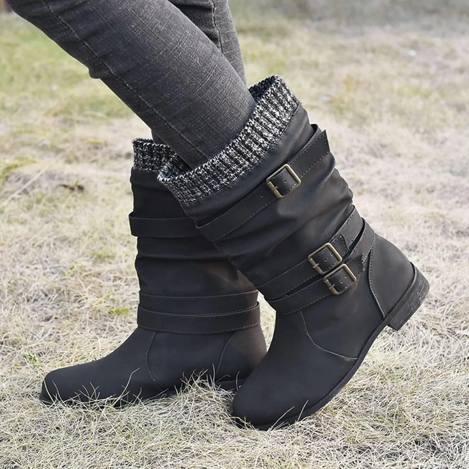Snow Boots for Women Mid Calf Boots for Women Fall Winter New Women's Boots Mid Calf Raw Edge Women's Leather Boots