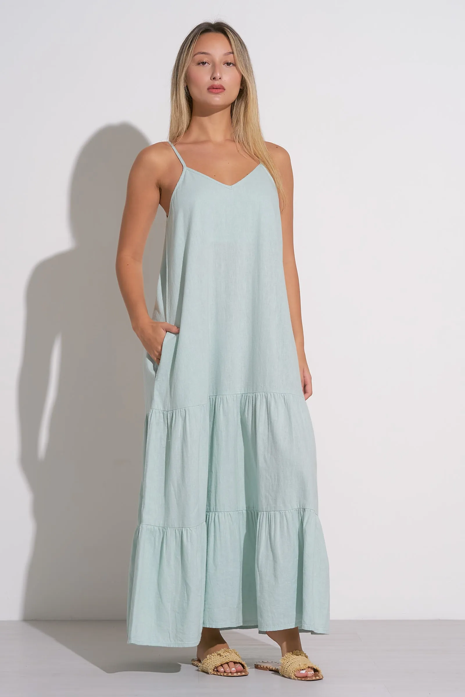 Spaghetti Strap Tiered Maxi Dress - Light Teal