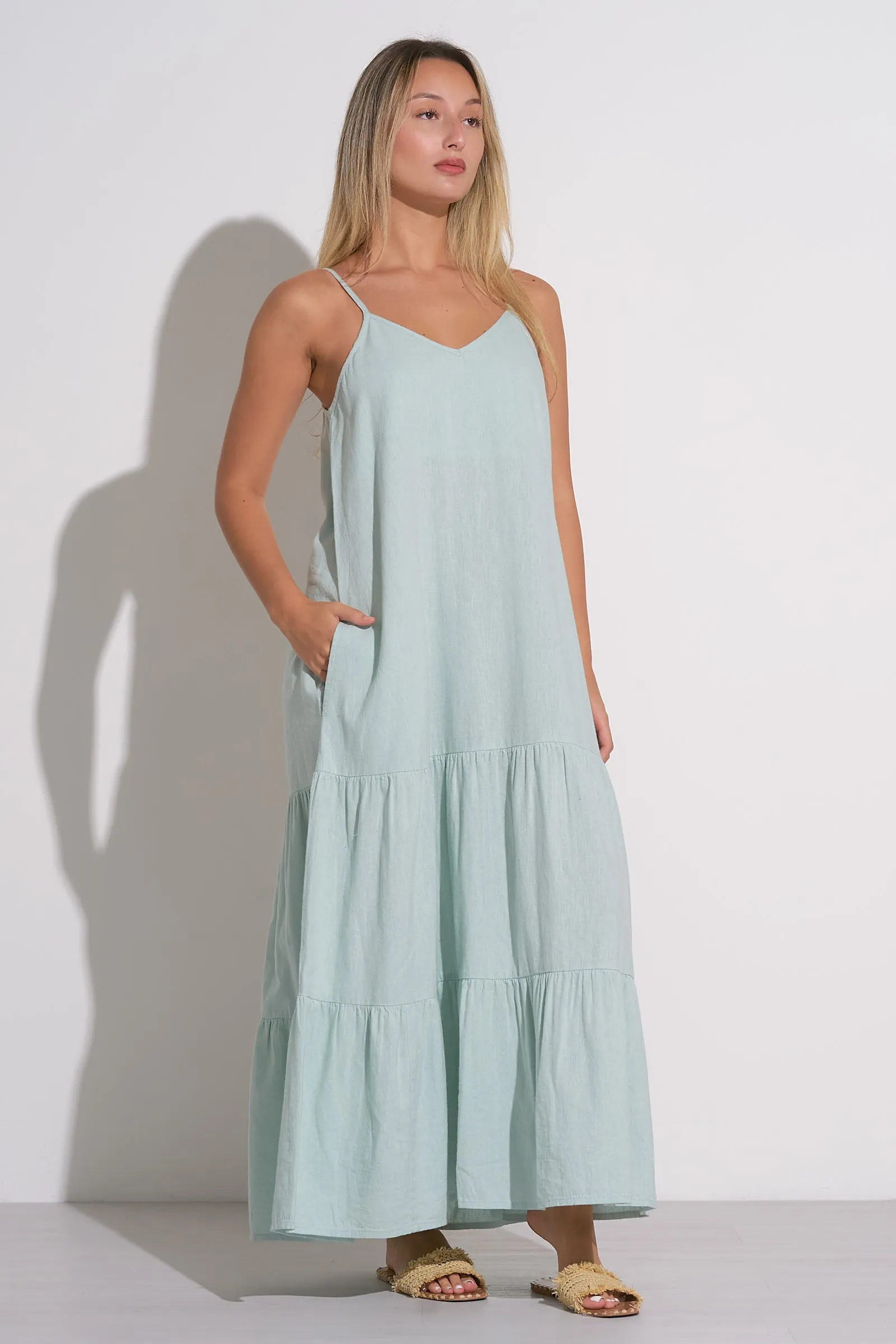 Spaghetti Strap Tiered Maxi Dress - Light Teal