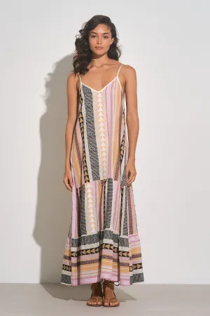 Spaghetti Strap Tiered Maxi Dress - Tan/Pink