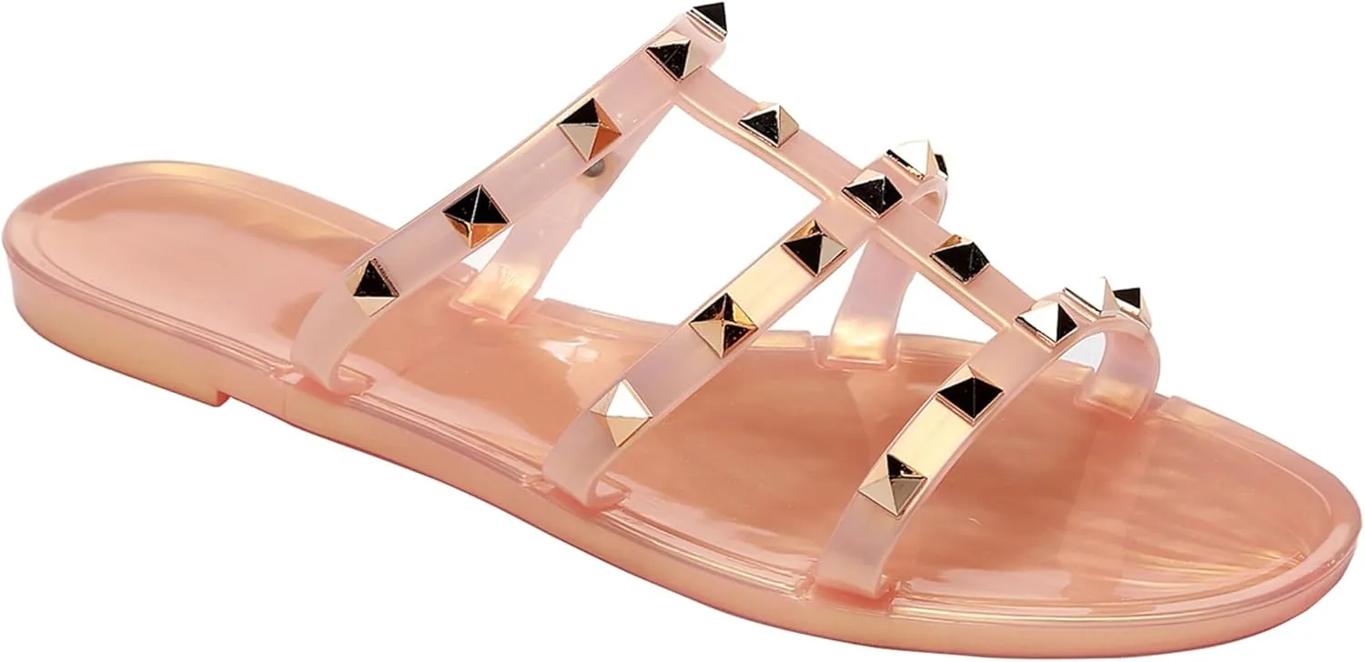 Studded Sandals for Womens Jelly Shoes Flats Stud Slides Slip On Dressy Black Jellies Slippers Summer Beach with Rivets