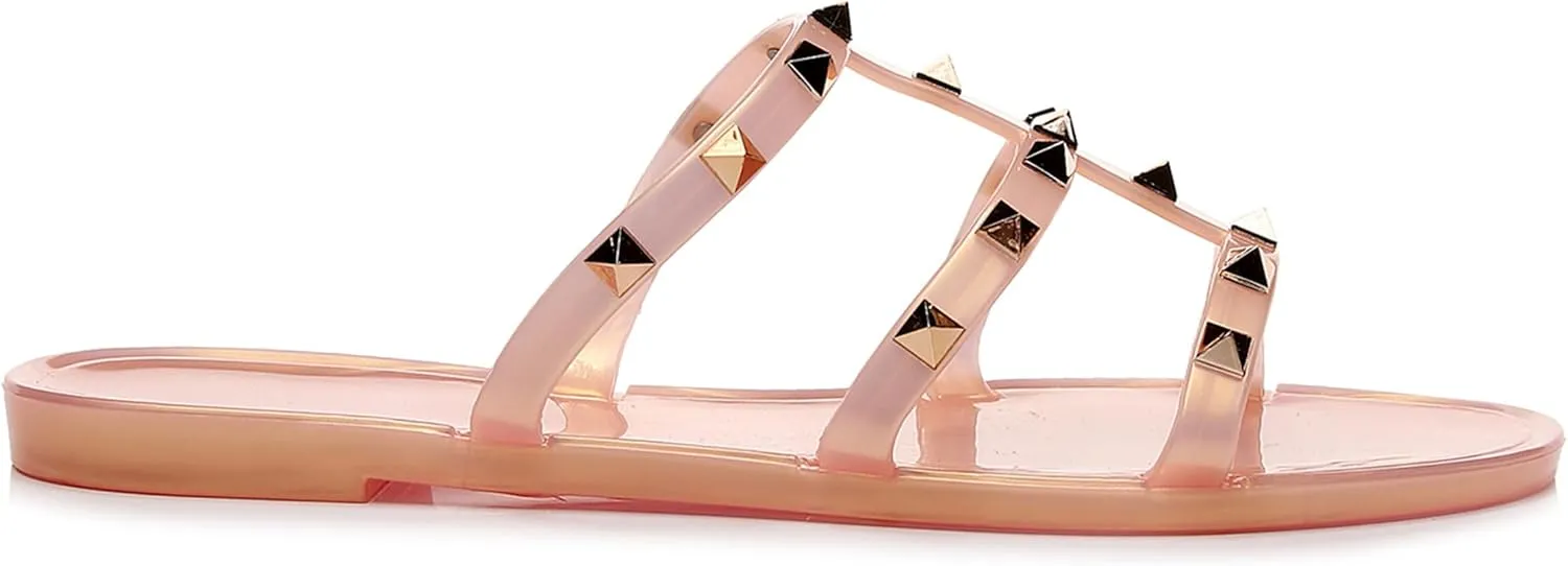 Studded Sandals for Womens Jelly Shoes Flats Stud Slides Slip On Dressy Black Jellies Slippers Summer Beach with Rivets