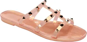 Studded Sandals for Womens Jelly Shoes Flats Stud Slides Slip On Dressy Black Jellies Slippers Summer Beach with Rivets
