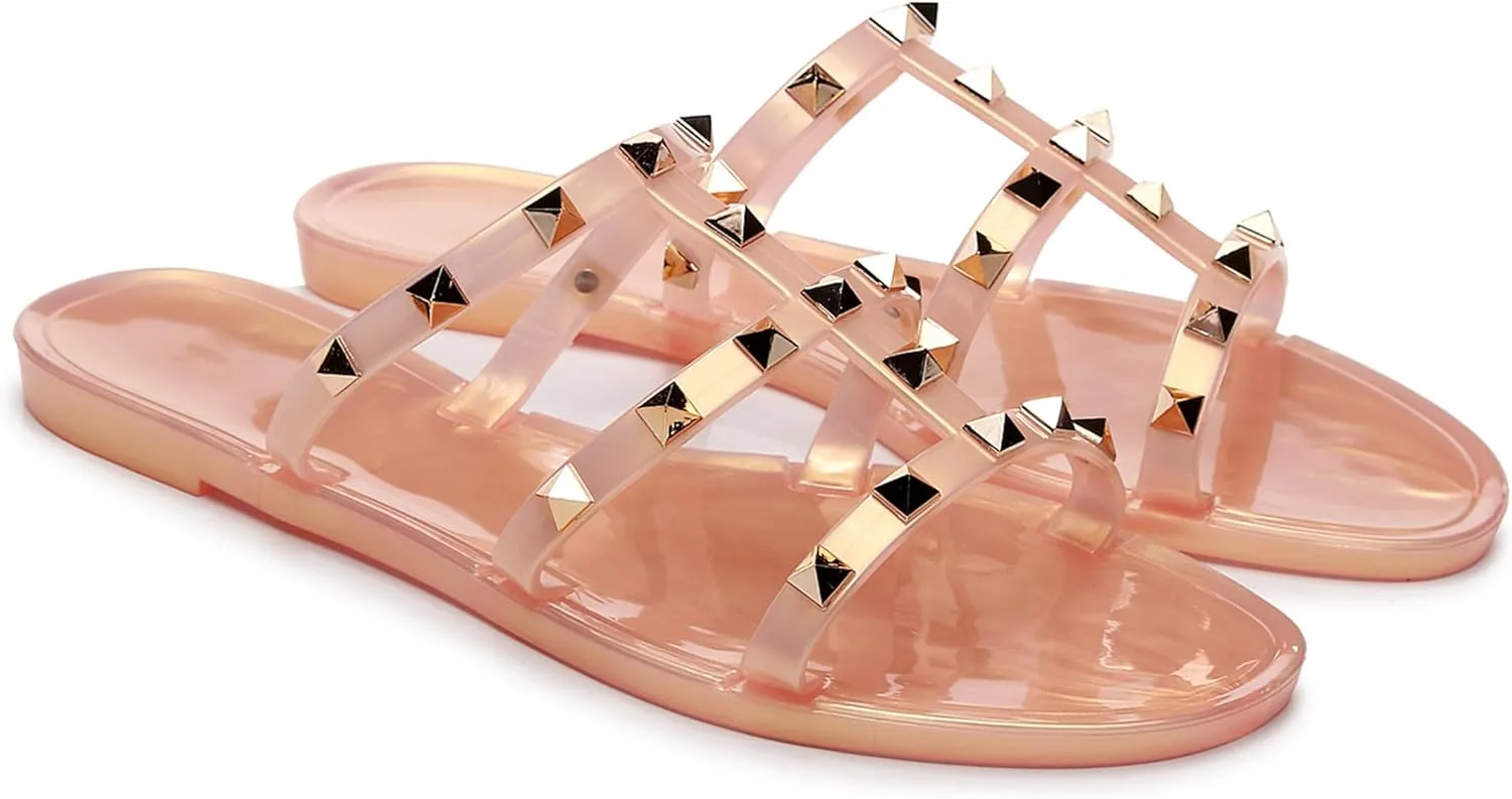 Studded Sandals for Womens Jelly Shoes Flats Stud Slides Slip On Dressy Black Jellies Slippers Summer Beach with Rivets