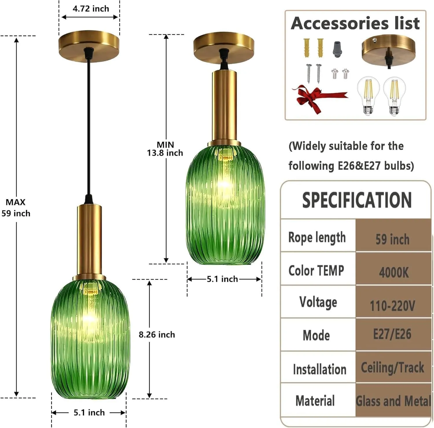 Stunning Green Striped Glass Pendant Light Fixture, 7.87", Bonus 2 A60 Bulbs Included, 2-Pack with Flexible Cords – Enchanting Addition to Kitchen Island, Bedroom Décor