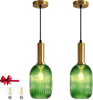 Stunning Green Striped Glass Pendant Light Fixture, 7.87", Bonus 2 A60 Bulbs Included, 2-Pack with Flexible Cords – Enchanting Addition to Kitchen Island, Bedroom Décor