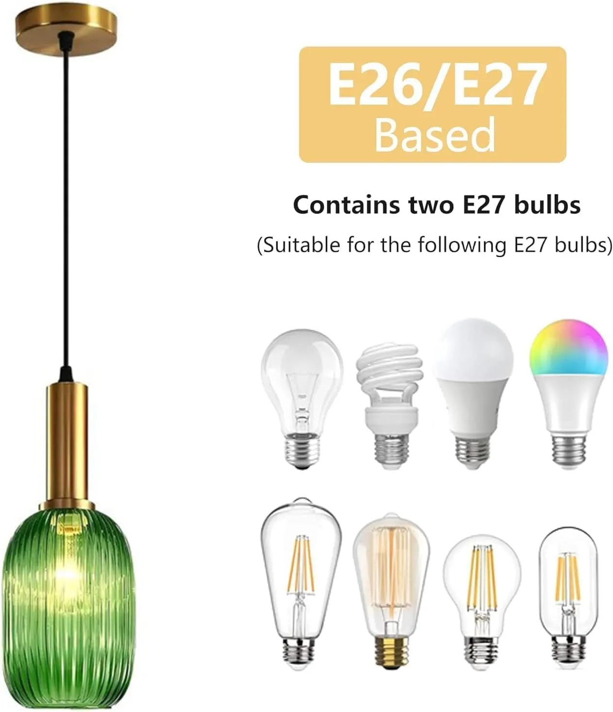 Stunning Green Striped Glass Pendant Light Fixture, 7.87", Bonus 2 A60 Bulbs Included, 2-Pack with Flexible Cords – Enchanting Addition to Kitchen Island, Bedroom Décor