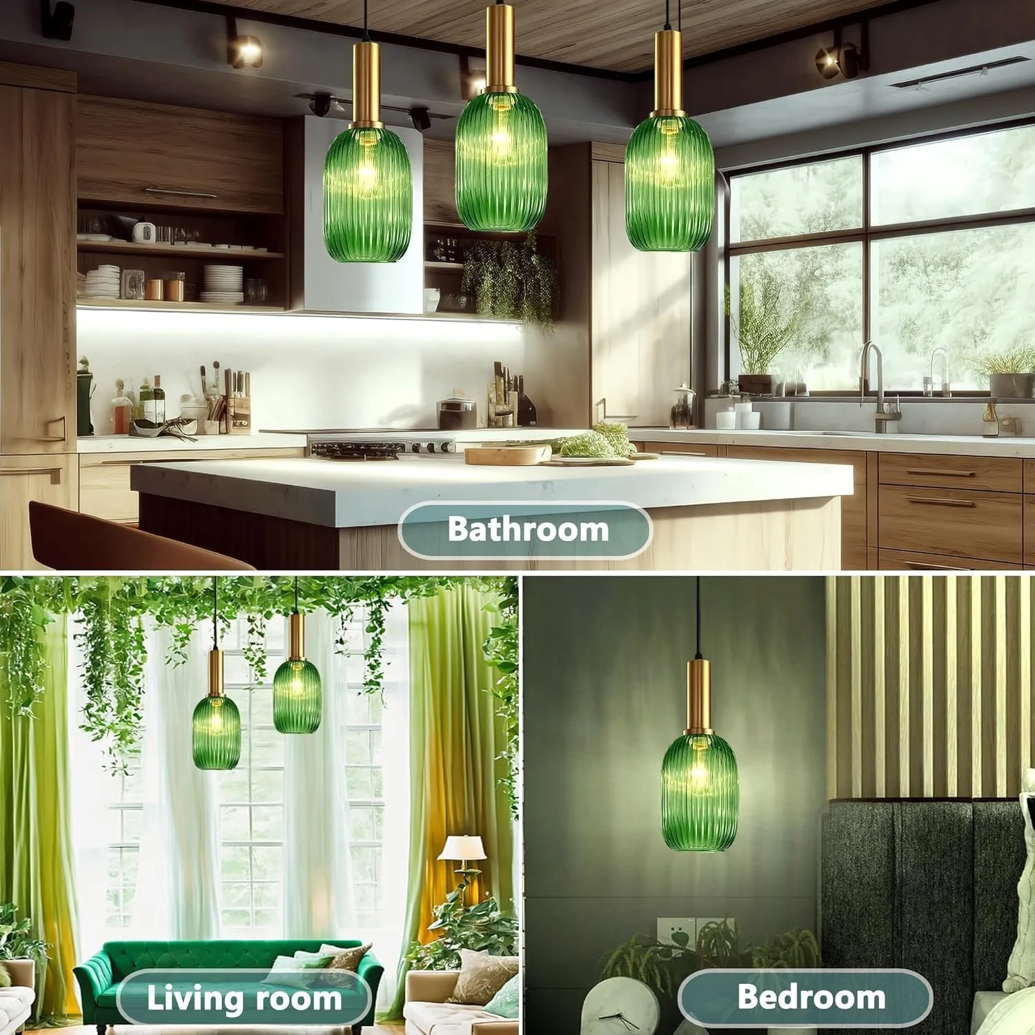 Stunning Green Striped Glass Pendant Light Fixture, 7.87", Bonus 2 A60 Bulbs Included, 2-Pack with Flexible Cords – Enchanting Addition to Kitchen Island, Bedroom Décor