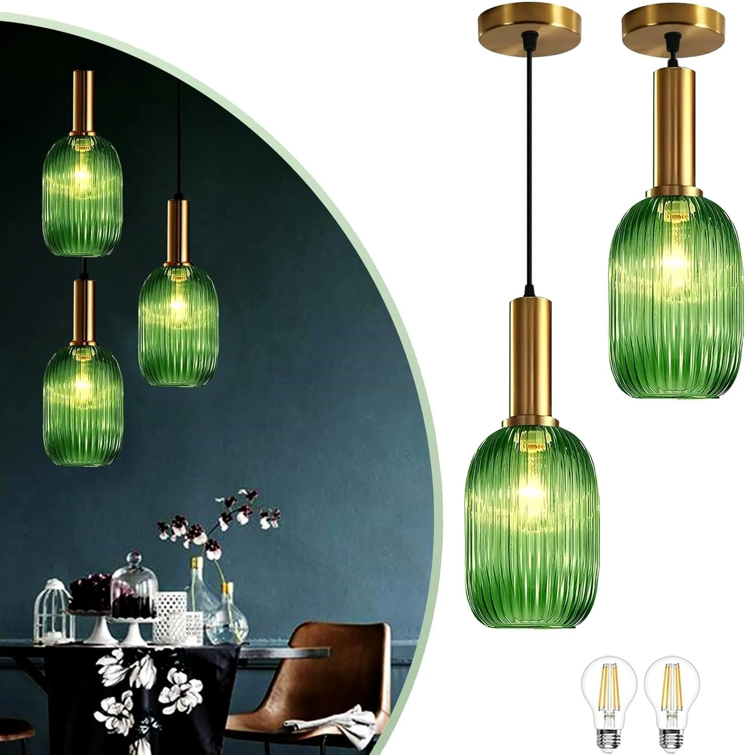 Stunning Green Striped Glass Pendant Light Fixture, 7.87", Bonus 2 A60 Bulbs Included, 2-Pack with Flexible Cords – Enchanting Addition to Kitchen Island, Bedroom Décor