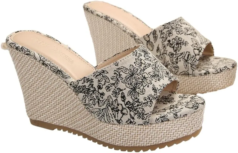 Summer Espadrille Wedge Sandals for Women Open Toe Floral Embroidered Platform Slip-On Casual Shoes with Braided Sole