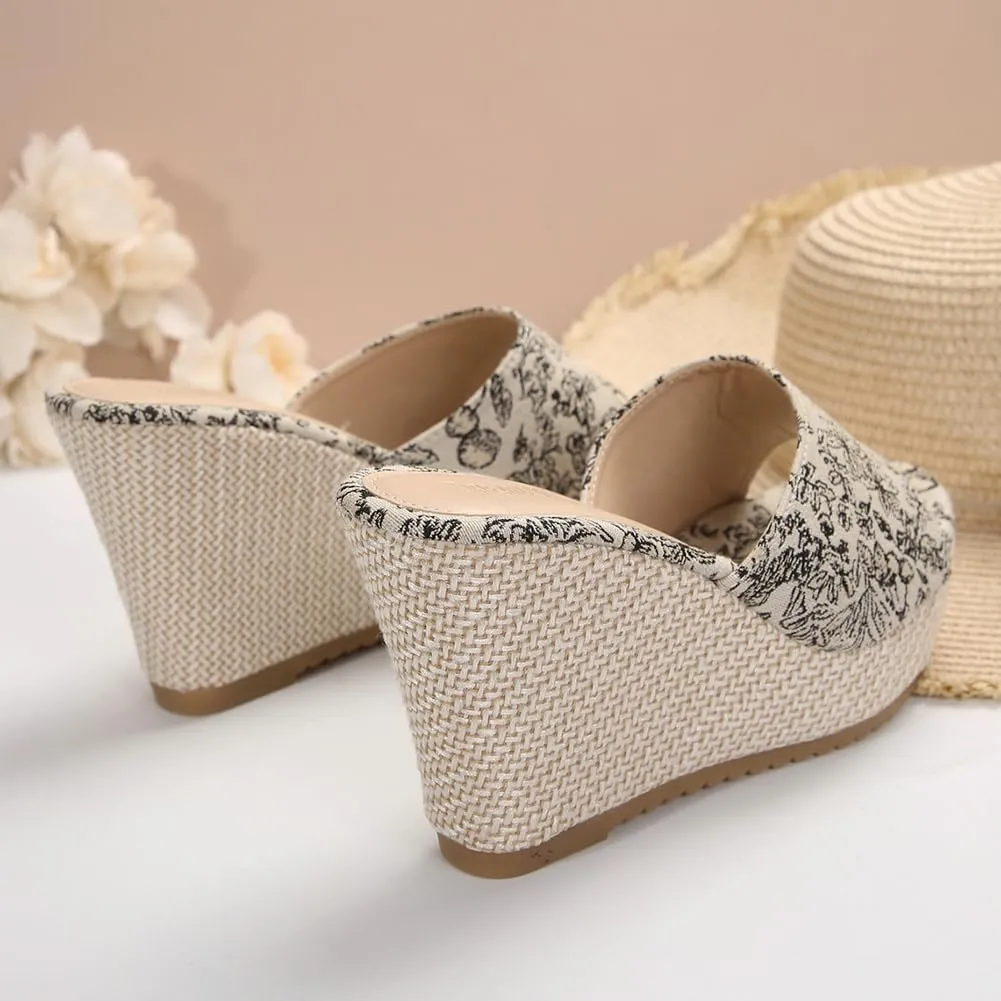 Summer Espadrille Wedge Sandals for Women Open Toe Floral Embroidered Platform Slip-On Casual Shoes with Braided Sole