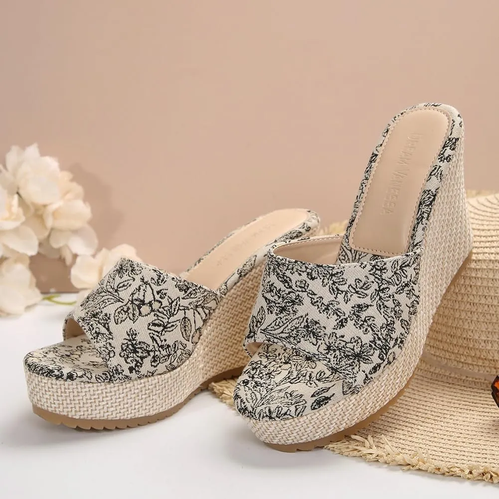 Summer Espadrille Wedge Sandals for Women Open Toe Floral Embroidered Platform Slip-On Casual Shoes with Braided Sole