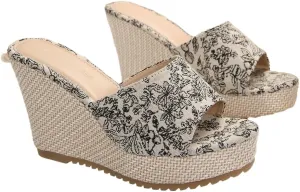 Summer Espadrille Wedge Sandals for Women Open Toe Floral Embroidered Platform Slip-On Casual Shoes with Braided Sole