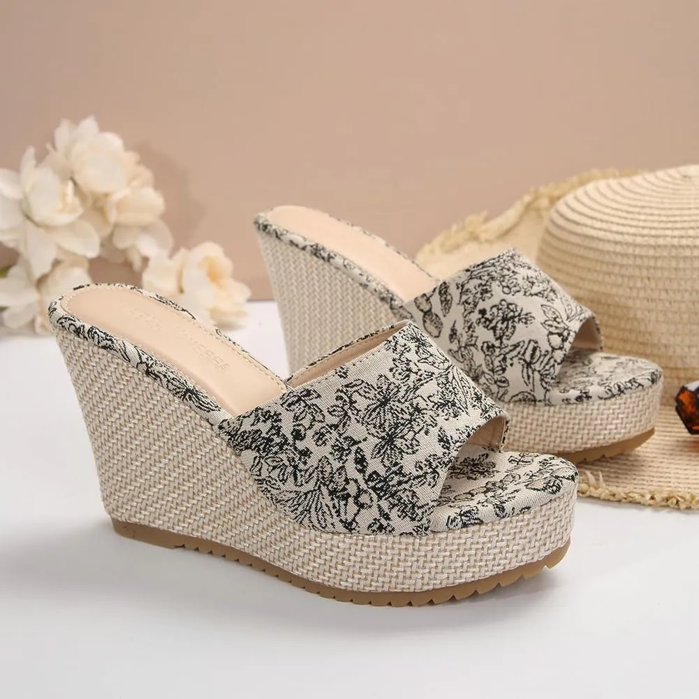 Summer Espadrille Wedge Sandals for Women Open Toe Floral Embroidered Platform Slip-On Casual Shoes with Braided Sole