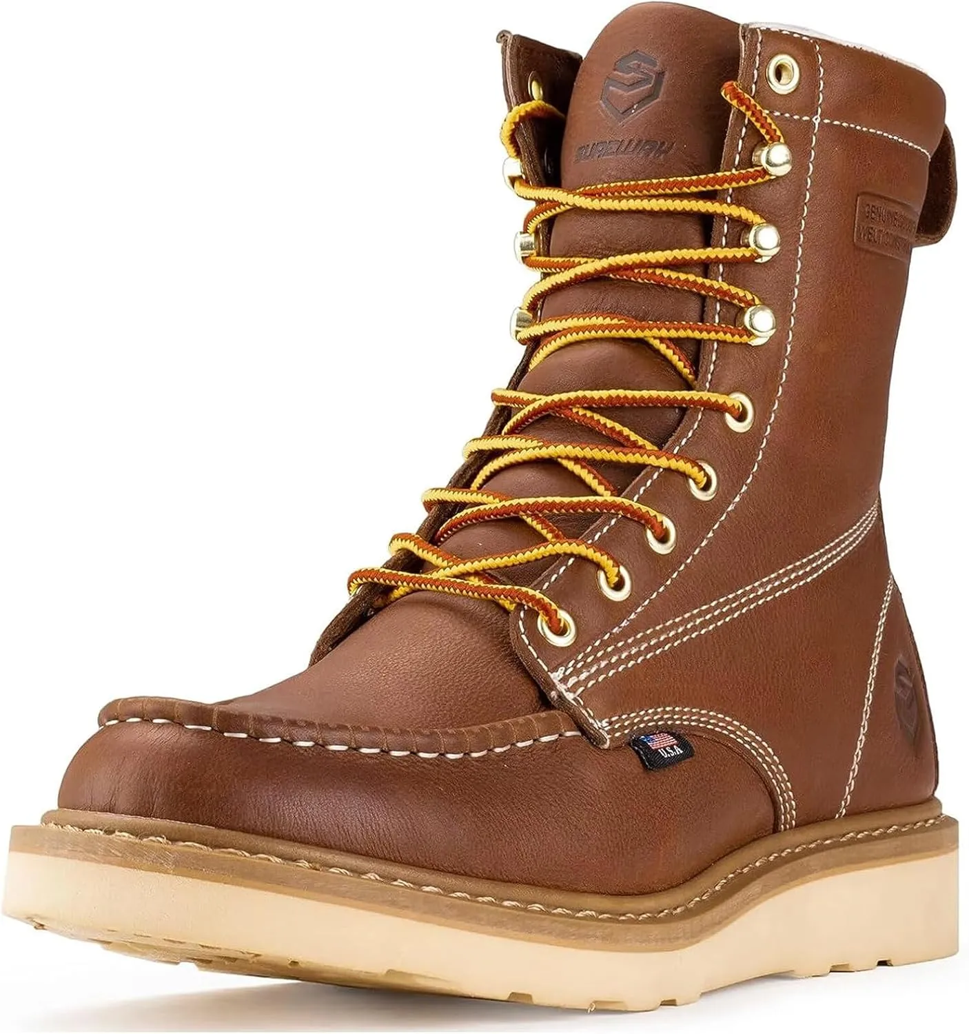 SUREWAY Mens 8 in Wedge Moc Soft/Steel Toe Work Boots for Men,Full-Grain Leather,Goodyear Welt,EH,Safety Industrial Construction Boots/Shoes for Women,Soft Toe TOBACCO,Size 9