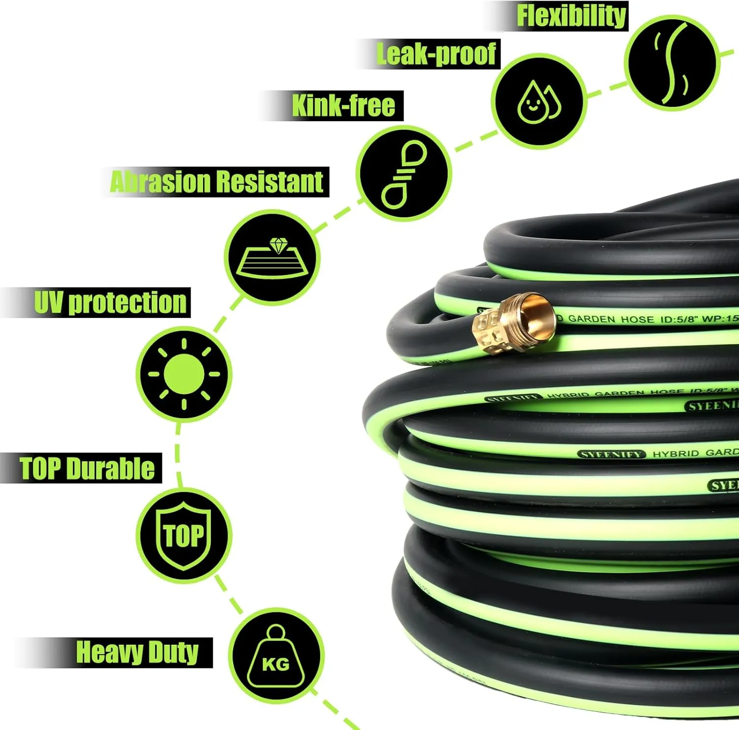 SYEENIFY Kink Free Garden Hose 50ft 5/8", Heavy Duty Hybrid Water Hose, Ultra Durable Flexible Rubber Hose with Sprayer Nozzle,Leakproof Yard Outdoor Hose with Brass Solid Connector