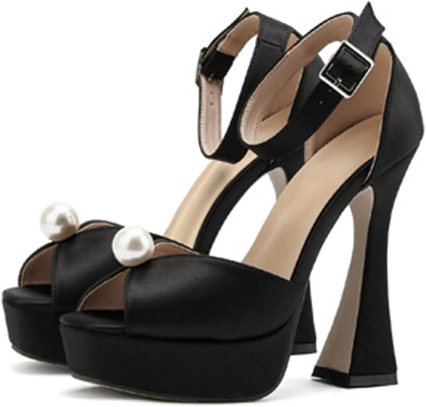 TDA Womens Ankle Strap Buckle Sandals Pearl Platform Peep Toe High Heel Wedding Party Shoes