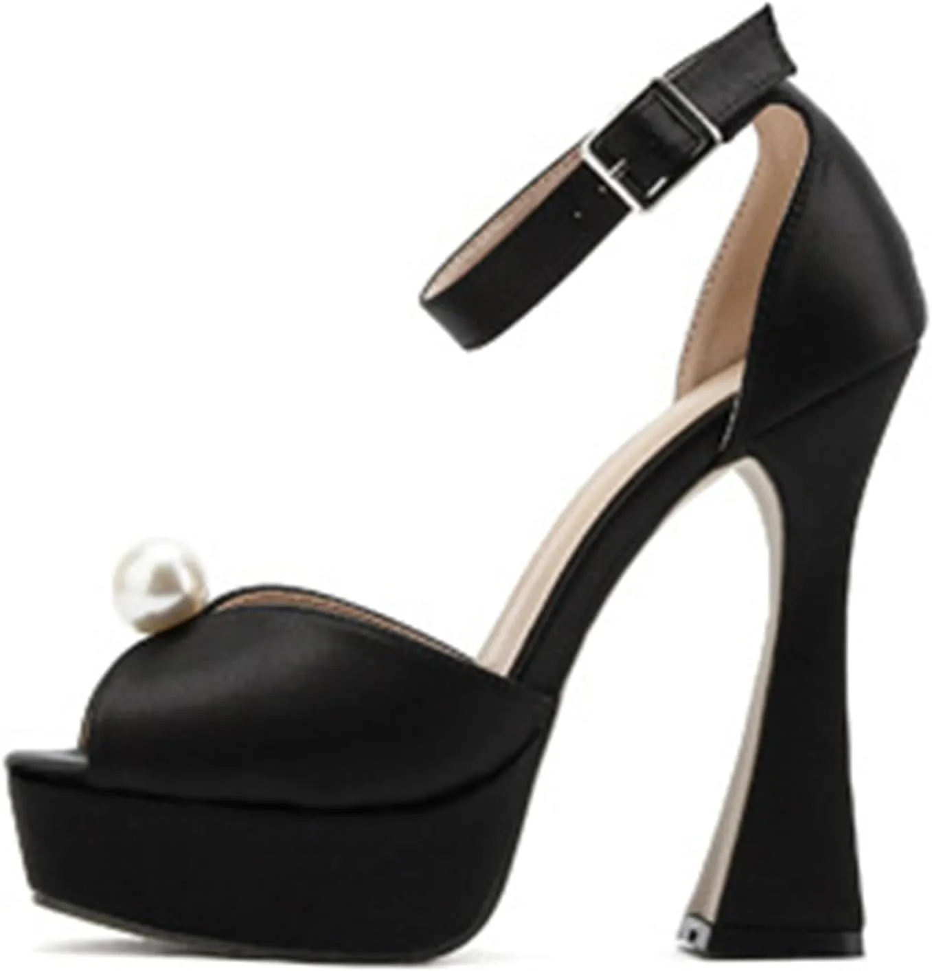 TDA Womens Ankle Strap Buckle Sandals Pearl Platform Peep Toe High Heel Wedding Party Shoes