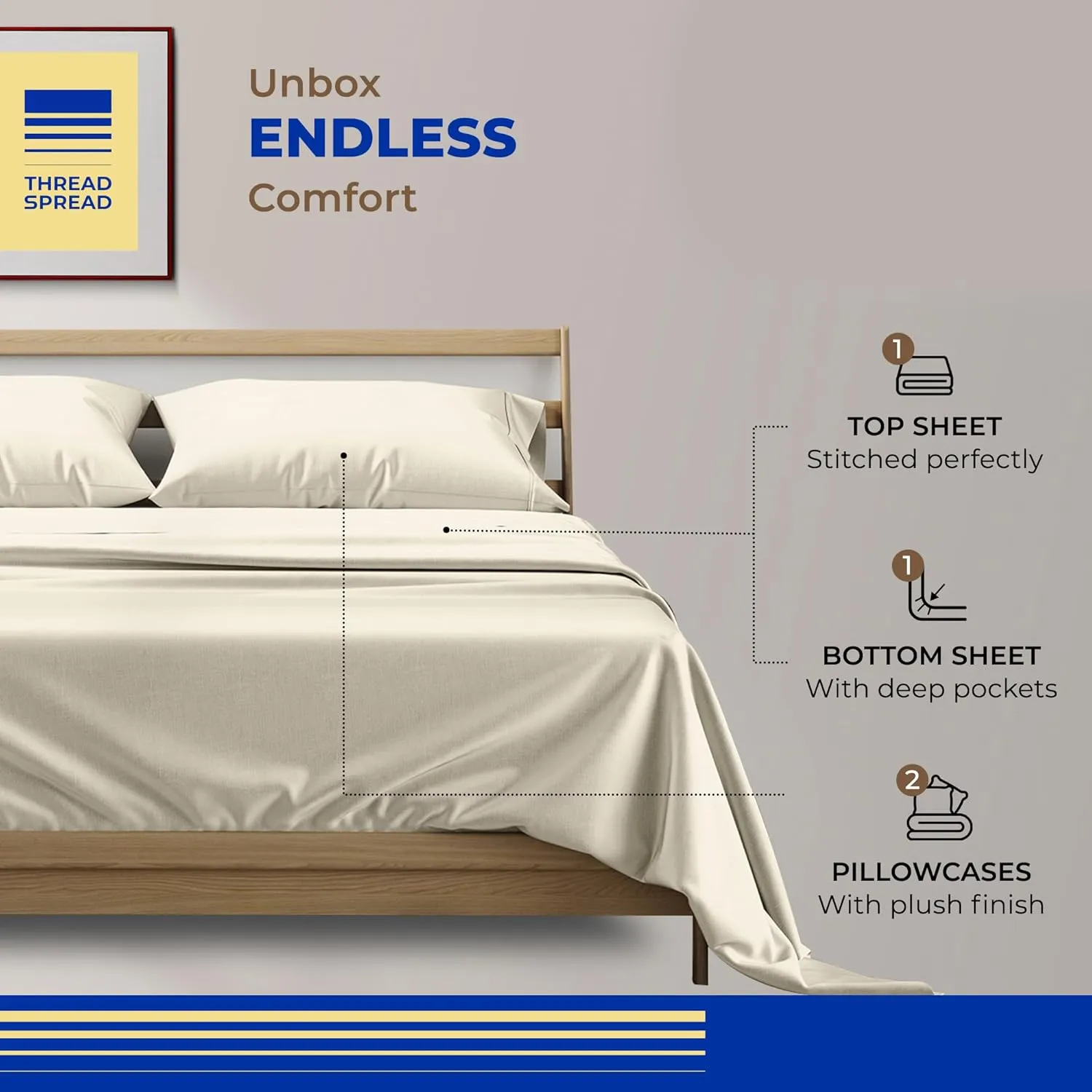 THREAD SPREAD 100% Egyptian Cotton Sheets - Queen Size, 800 High Thread Count, 4 PC Luxury Hotel Sheets, 16" Deep Pocket Sateen Weave Soft Cooling Bedding Sets - Ivory