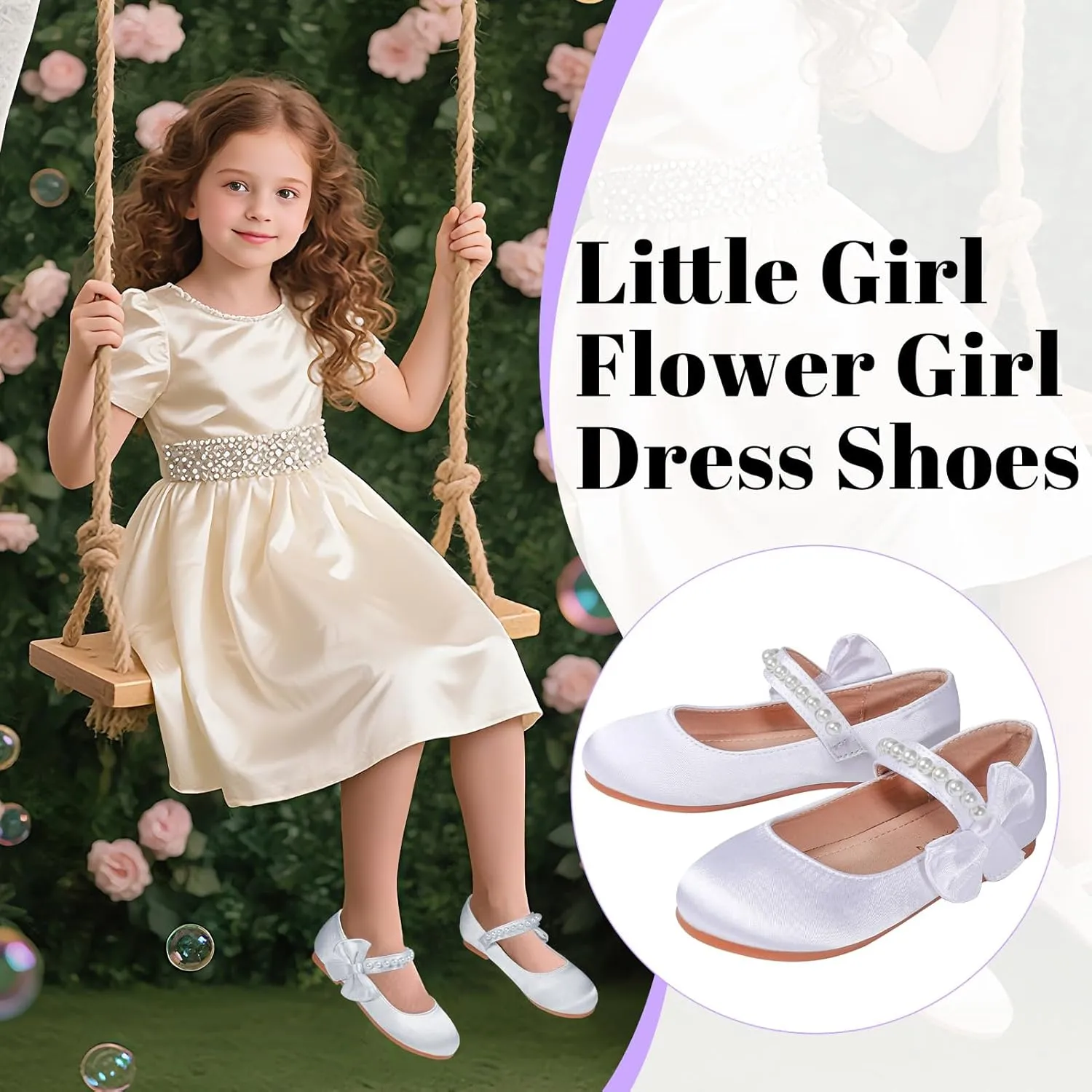 Toddler Flower Girls Shoes, Mary Jane Wedding Party Shoes for Little Girls | Satin Fabric with Pearl Accents, Adjustable Velcro Straps & Side Bow