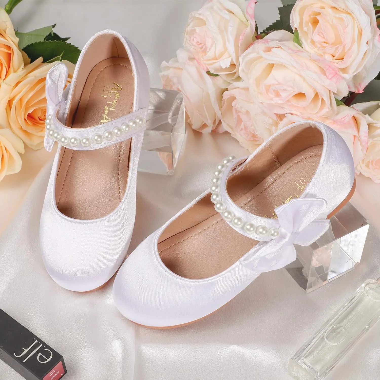 Toddler Flower Girls Shoes, Mary Jane Wedding Party Shoes for Little Girls | Satin Fabric with Pearl Accents, Adjustable Velcro Straps & Side Bow