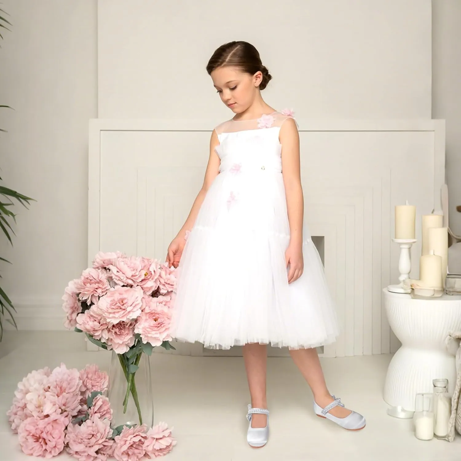 Toddler Flower Girls Shoes, Mary Jane Wedding Party Shoes for Little Girls | Satin Fabric with Pearl Accents, Adjustable Velcro Straps & Side Bow