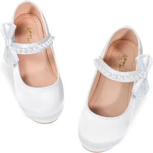 Toddler Flower Girls Shoes, Mary Jane Wedding Party Shoes for Little Girls | Satin Fabric with Pearl Accents, Adjustable Velcro Straps & Side Bow