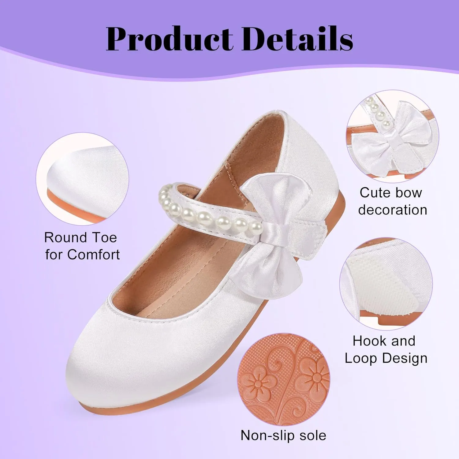 Toddler Flower Girls Shoes, Mary Jane Wedding Party Shoes for Little Girls | Satin Fabric with Pearl Accents, Adjustable Velcro Straps & Side Bow