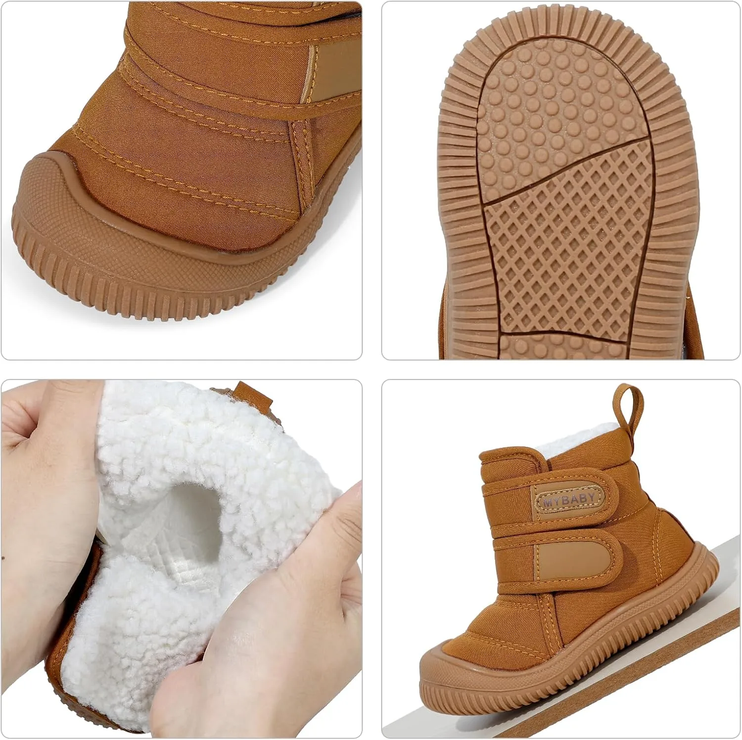Toddler Snow Boots Double Strap Winter Warm Shoes Baby Faux Fur Lining Soft Fleece Booties with Non-Slip Sole