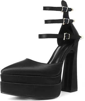 Tscoyuki Women's Fashion Pointed Toe Platform Heels, Buckle Straps Chunky Block High Heel Pumps Date Dress Shoes