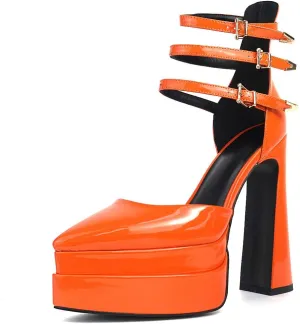 Tscoyuki Women's Fashion Pointed Toe Platform Heels, Buckle Straps Chunky Block High Heel Pumps Date Dress Shoes